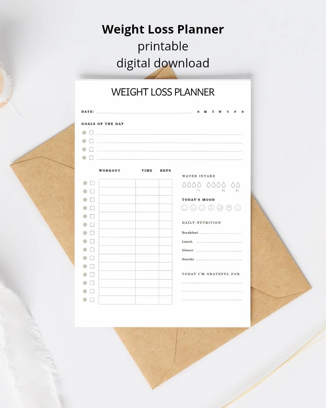 Minimalist Weight Loss Planner, Daily Fitness & Meal Tracker (printable PDF File) - Etsy Canada