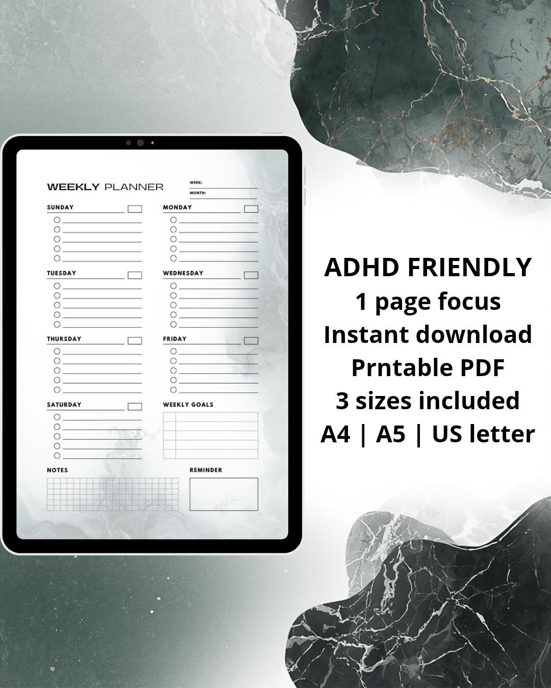 ADHD Weekly Planner Printable Minimalist Focus One Page Daily to Do ...