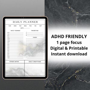 ADHD Daily Planner iPad Goodnotes, One Page Focus Daily Schedule, Digital Printable Hourly Agenda, Minimalist Daily Organizer, 12 Hour Clock
