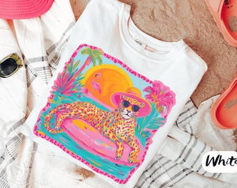 Comfort Colors® Viral Summer Leopard T-Shirt, Preppy Summer Girly Beach Shirt, Retro Leopard Tee, Colorful Summer Vibes Women's Beach Shirt