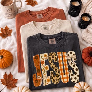 May include: Three crew neck t-shirts in rust, cream, and charcoal gray. The charcoal shirt features the word JESUS in large letters with floral, leopard, plaid, and polka dot patterns, accented by two small bows. Each shirt has a Comfort Colors label.