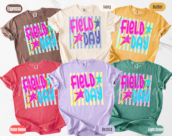 Camisetas Comfort Colors® a rayas neón para el Día de Campo: ¡Que empiecen los juegos!, Camiseta para el Día de Campo del Profesor, Camiseta colorida a juego para el final del curso escolar.