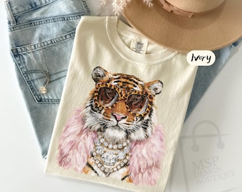 Comfort Colors® Glam Tiger Shirt, Preppy Tiger Tee, Bling T-Shirt, Everyday Leopard Print Shirt, Tiger Graphic Animal Print Tee