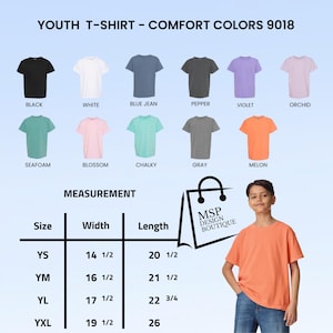 May include: A youth t-shirt in melon color is modeled by a young person. The image displays a variety of t-shirt colors, including black, white, blue jean, pepper, violet, orchid, seafoam, blossom, chalky, and gray. Measurements are provided in inches.
