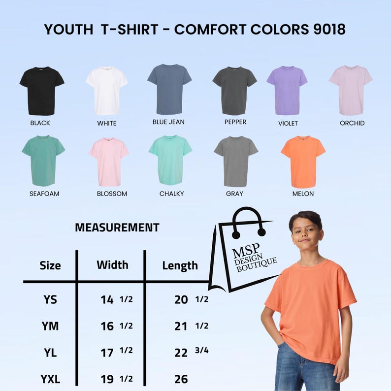 May include: A youth t-shirt in melon color is modeled by a young person. The image displays a variety of t-shirt colors, including black, white, blue jean, pepper, violet, orchid, seafoam, blossom, chalky, and gray. Measurements are provided in inches.