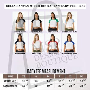 May include: A variety of Bella Canvas Micro Rib Raglan Baby Tees in different color combinations. The image shows the shirts in white with sleeves in black, green, light blue, navy, pink, red, and royal blue. Measurements are provided in inches for sizes XS to 2XL.