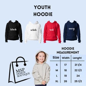 Peut inclure: Pr&eacute;sentation de sweats &agrave; capuche pour enfants en noir, blanc, rouge et bleu marine. L'image comprend un tableau des tailles avec des mesures en pouces pour la largeur et la longueur. Le texte "MSP DESIGN BOUTIQUE" est &eacute;galement visible.