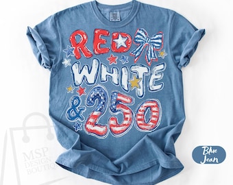 Comfort Colors® Red White & 250 Anniversary Shirt, Bow Preppy Patriotic T-Shirt, 250 Years Of America Tee, Coquette 4th Of July Women's Gift