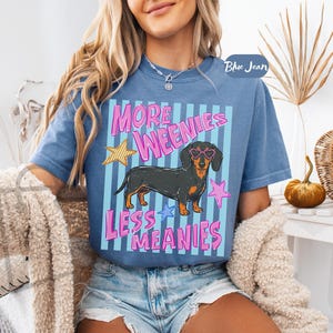 May include: Blue t-shirt with the text "MORE WEENIES LESS MEANIES" and a cartoon dachshund wearing heart-shaped sunglasses. The design includes pink and blue stars and stripes.