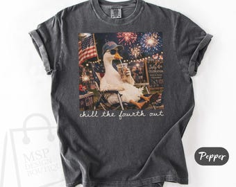 Comfort Colors Goose Chill the Fourth Out Tee, 4th of July Mom Shirt, Patriotic Goose Ice Drink Coffee Tee, Retro America Vibes T-Shirt Gift