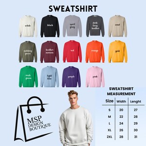Peut inclure: Plusieurs sweatshirts de couleurs vari&eacute;es, dont blanc, noir et gris. L'image pr&eacute;sente &eacute;galement un tableau des tailles avec des mesures en centim&egrave;tres. Le logo de la marque "MSP DESIGN BOUTIQUE" est &eacute;galement visible.