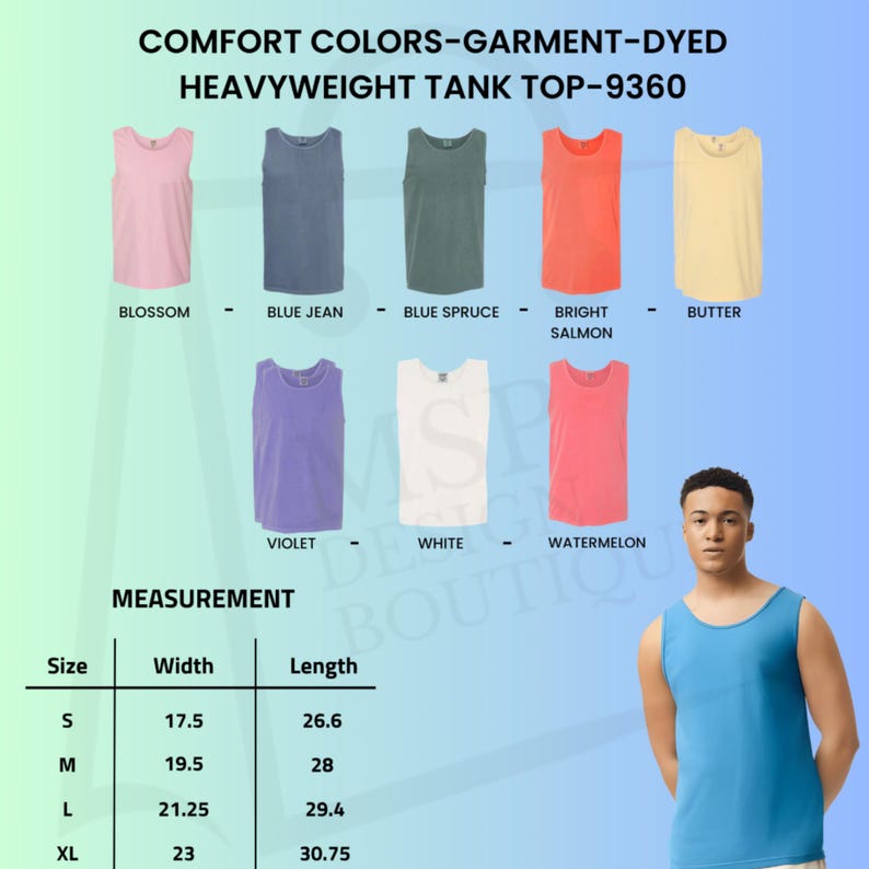 May include: A selection of heavyweight tank tops in various colors, including Blossom, Blue Jean, Blue Spruce, Bright Salmon, Butter, Violet, White, and Watermelon. Measurements are provided for sizes S, M, L, and XL. The text "COMFORT COLORS-GARMENT-DYED HEAVYWEIGHT TANK TOP-9360" is at the top.