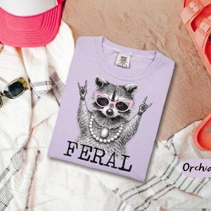May include: A light purple t-shirt with a graphic of a raccoon wearing pink sunglasses and a pearl necklace, making a rock and roll hand gesture. The word "FERAL" is printed in black block letters below the raccoon.