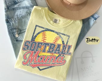 Comfort Colors® Softball Mama Shirt, Softball Mom T-Shirt Softball Season Tee, Retro Softball Shirt, Vintage Baseball Game Day Softball Gift