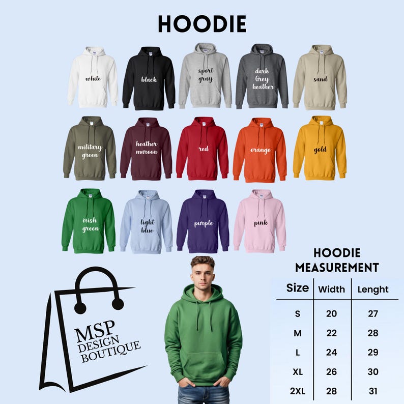 Peut inclure: Pr&eacute;sentation de sweats &agrave; capuche de diff&eacute;rentes couleurs, dont blanc, noir et gris. L'image comprend un tableau des tailles avec des mesures en centim&egrave;tres et le mot "HOODIE" en haut.
