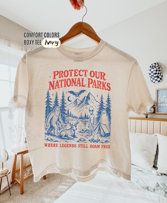 Comfort Colors® National Parks Crop, 90s Protect Our Parks Vintage Camping Hiking Boxy Tee, Retro Wanderlust Fantasy Creatures Crop Boxy Tee