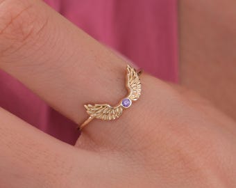 14K Solid Gold Angel Wings Ring, Guardian Angel Ring, Angel Jewelry, Gold Angel Ring, Protection Ring, Birthday Gift Her