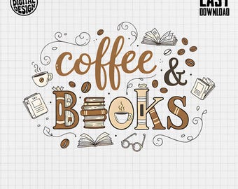 コーヒーと本 PNG、デジタルダウンロード、コーヒー好きへのギフト、読書好きへのプレゼント、読書コーナーの装飾、インスタントアート、居心地の良い雰囲気