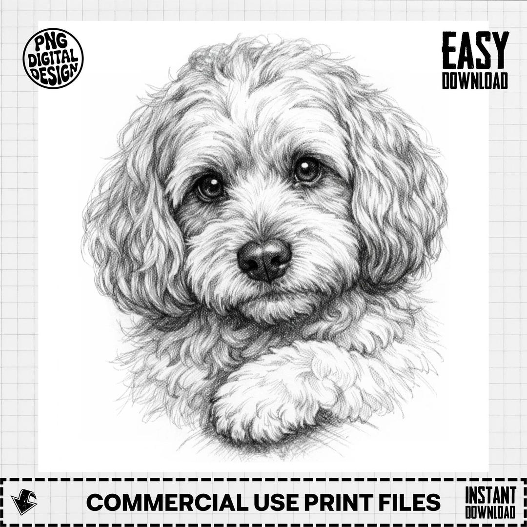 Cockapoo Pencil Drawing Digital File, Realistic Doodle Dog Art Portrait ...