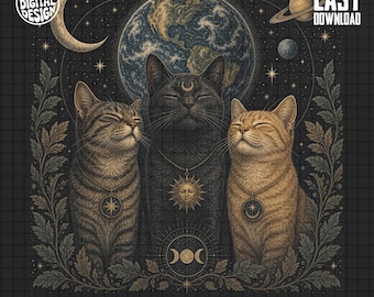 May include: A digital illustration on a black grid background featuring three cats centered beneath a globe. The cats wear necklaces with celestial pendants. A crescent moon, planets, and stars surround them, framed by leafy botanical elements.