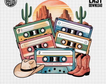 Western Cassette Tapes, Cowboy Hat Boots Art (Digital Download)