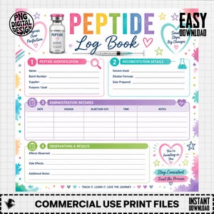 Pode incluir: Um modelo de registo digital colorido intitulado Peptide Log Book, com secções para identificação, reconstituição, registos de administração e observações. Inclui ilustrações de um frasco de péptidos, uma seringa e corações.