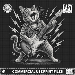 Puede incluir: Una ilustración digital en blanco y negro de un gato con un chaleco con tachuelas tocando una guitarra eléctrica. El gato tiene la boca abierta y está rodeado de gráficos de rayos. El texto PNG DIGITAL DESIGN y EASY DOWNLOAD es visible.