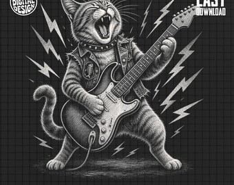 May include: A black and white digital illustration of a cat wearing a studded vest and playing an electric guitar. The cat has an open mouth and is surrounded by lightning bolt graphics. The text PNG DIGITAL DESIGN and EASY DOWNLOAD is visible.