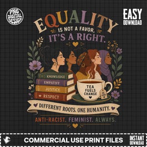 May include: Digital design with the text "EQUALITY IS NOT A FAVOR, IT'S A RIGHT." The image features diverse women, books labeled with values, and a teacup. The design includes the phrases "Different Roots. One Humanity" and "Anti-Racist. Feminist. Always."
