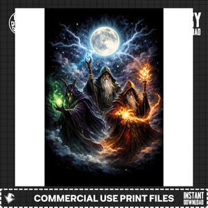 May include: Digital art print featuring three wizards with long white beards and hooded robes. One wizard holds a staff with a blue flame, another with a green orb, and the third with an orange flame. A full moon and lightning bolts are in the background.