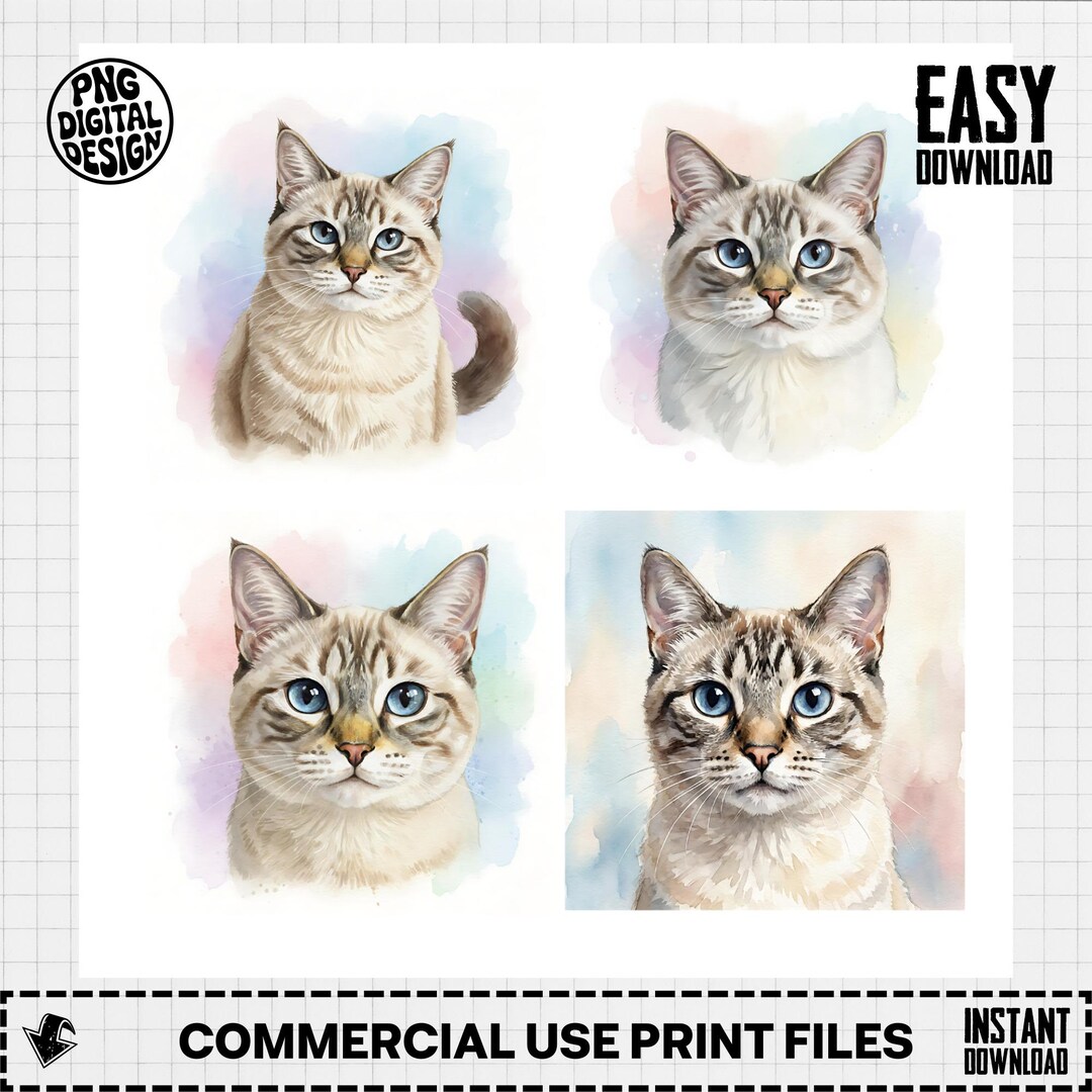 Lynx Point Siamese Cat Digital Art, Bundle of 4, AI Generated Cat Image ...