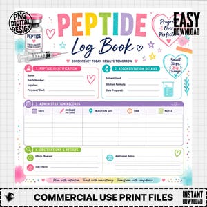 May include: A digital log book template for tracking peptide usage, featuring a colorful header with the text PEPTIDE Log Book, sections for identification, reconstitution, administration records, and observations, plus a syringe and vial graphic.