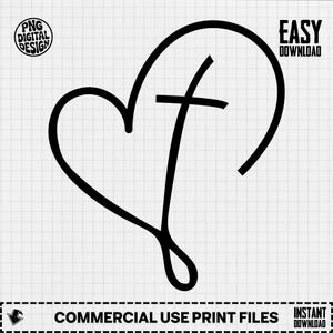 May include: Black line art design featuring a heart shape with a cross inside. The image includes the text "PNG DIGITAL DESIGN" in a circle, "EASY DOWNLOAD" in the upper right, and "COMMERCIAL USE PRINT FILES" at the bottom.