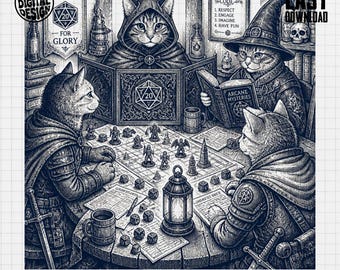 May include: A black and white digital illustration of four cats dressed as fantasy adventurers playing a tabletop game. The scene includes a game board with miniature figures, dice, a lantern, mugs, and books. Text includes "Roll for Glory" and "Player's Code".