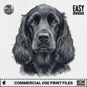 Puede incluir: Diseño digital de un perro Cocker Spaniel negro con ojos marrones. La imagen incluye el texto "PNG DIGITAL DESIGN", "EASY DOWNLOAD", "COMMERCIAL USE PRINT FILES" e "INSTANT DOWNLOAD". El pelaje del perro es detallado y texturizado.