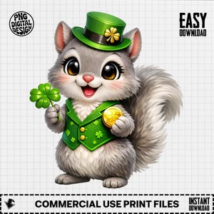 May include: A cartoon squirrel wearing a green vest, hat, and holding a shamrock and gold coin. The squirrel has gray fur, big eyes, and a smiling expression. The image includes the text "PNG DIGITAL DESIGN" and "EASY DOWNLOAD".