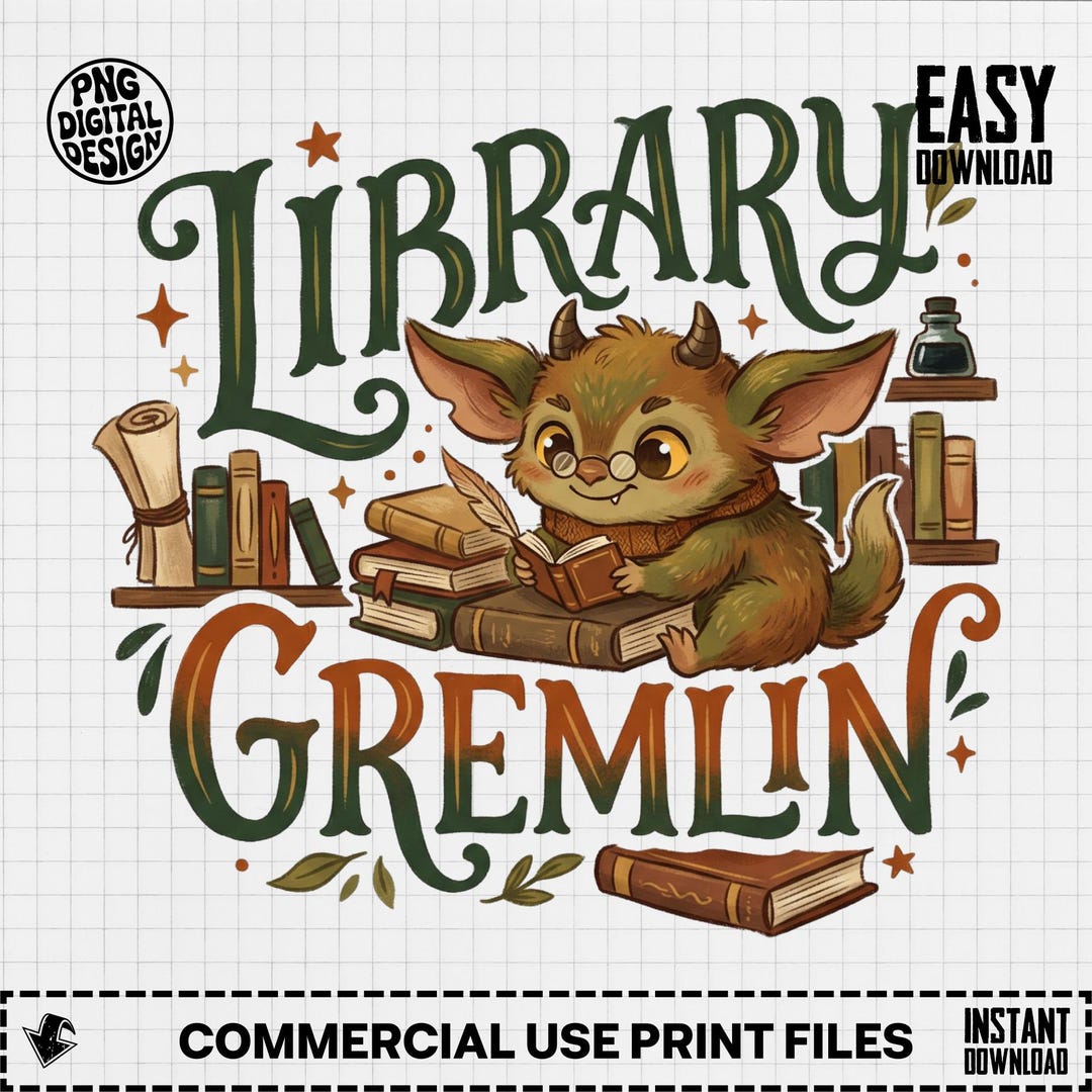 Library Gremlin PNG Digital File, Cute Book Lover Gremlin Art ...