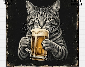 May include: A digital illustration of a tabby cat holding a mug of beer. The cat has gray and black stripes and is looking directly at the viewer. The beer mug is filled with golden beer and white foam. The image has a distressed, vintage look.