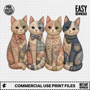 Patchwork Cats Digital Clip Art, Quilted Cottagecore Cat Image, Shabby Chic Feline Printable Art, Cute Kitten Sublimation Design