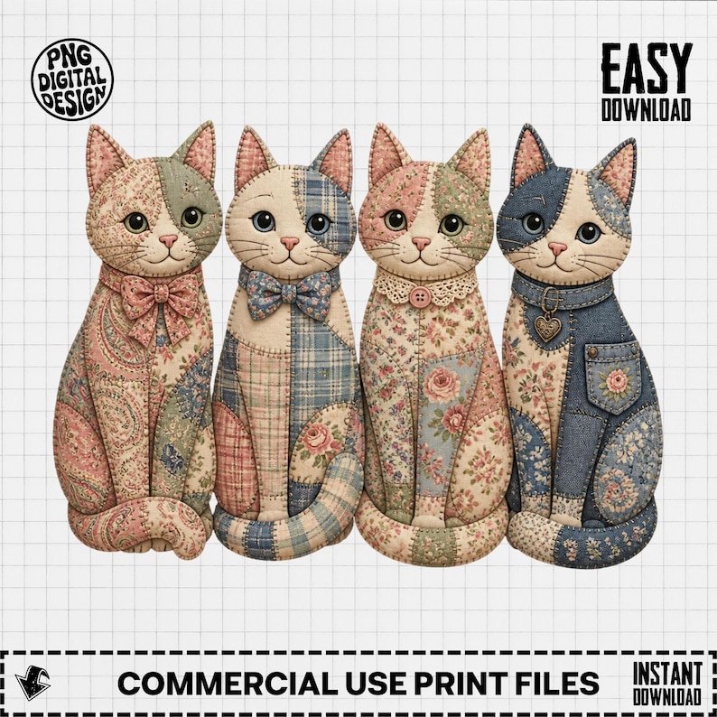 Four patchwork cats with patterned bodies and bow ties or collars.