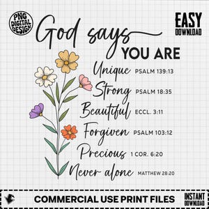 May include: A digital design featuring the words "God says YOU ARE" in black script. Below, it lists "Unique, Strong, Beautiful, Forgiven, Precious, Never alone" with Bible verses. A floral illustration with colorful flowers and green leaves is on the left.