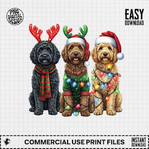 May include: Digital design featuring three dogs dressed for Christmas. One dog wears a red and green scarf and reindeer antlers. The other two dogs wear Santa hats and are adorned with Christmas lights. The image includes the text "PNG DIGITAL DESIGN" and "EASY DOWNLOAD".