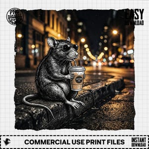 May include: A digital illustration of a rat wearing sunglasses, sipping from a coffee cup labeled "Caffeine Fix." The rat is sitting on a curb with a city street background at night. The image has a black and white aesthetic with a touch of color.