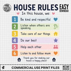Op de afbeelding: Een digitale print met de tekst HOUSE RULES en In this house, we: gevolgd door zes genummerde punten met iconen. De regels omvatten vriendelijk zijn, luisteren, goed voor spullen zorgen, je best doen, elkaar helpen en naar mama luisteren.