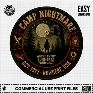 May include: A circular graphic design featuring a dark forest scene with a full moon, a silhouette of a person holding an axe, and an owl. Text reads CAMP NIGHTMARE, WHERE EVERY SUMMER IS YOUR LAST, EST. 1977, and NOWHERE, USA, with icons of cutlery, a skull, and a canoe.