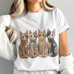 Four quilted cats in patchwork patterns sitting in a row.
