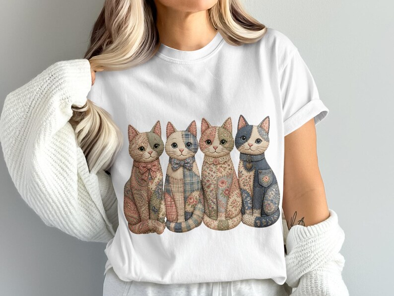 Four quilted cats in patchwork patterns sitting in a row.