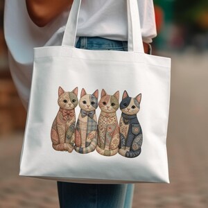 White tote bag with four patchwork cats dressed in bow ties and denim.