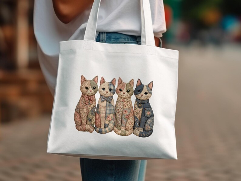 White tote bag with four patchwork cats dressed in bow ties and denim.