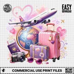May include: A digital design featuring a purple and white airplane, a globe, a pink suitcase, a purple vintage-style suitcase, a camera, sunglasses, and a passport with the text "ADVENTURE AWAITS" and "PASSPORT" against a grid background.